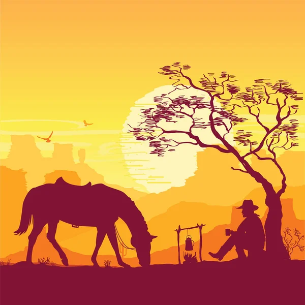 Cowboy around a campfire. Western American desert landscape with — Stock Vector