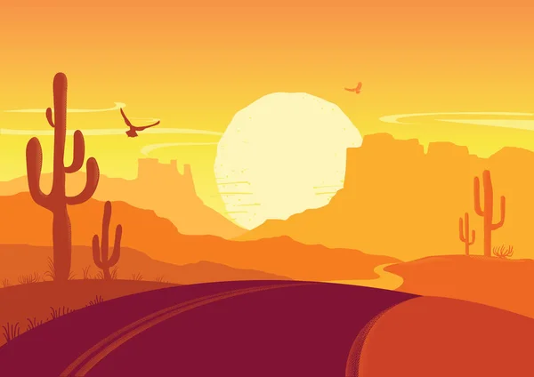 砂漠でアメリカの道。アリゾナ州の草原を風景します。 — ストックベクタ