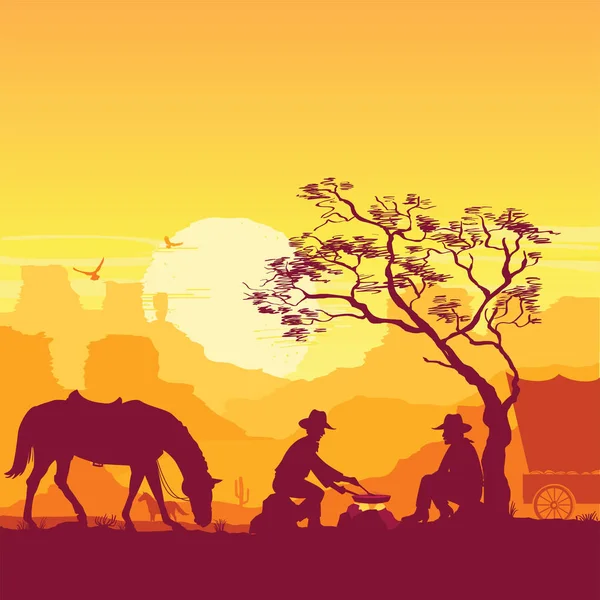 Cowboys around a campfire. Western American desert landscape wit — Stock Illustration Cowboys around a campfire. Western American desert landscape wit Royalty Free Stock Vectors