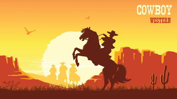 Cowboy riding horse at sunset. Vector prairie landscape with sun — Stock Vector