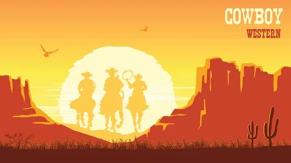 Silhouette de cow-boys à cheval au coucher du soleil. Terres des prairies vectorielles — Image vectorielle