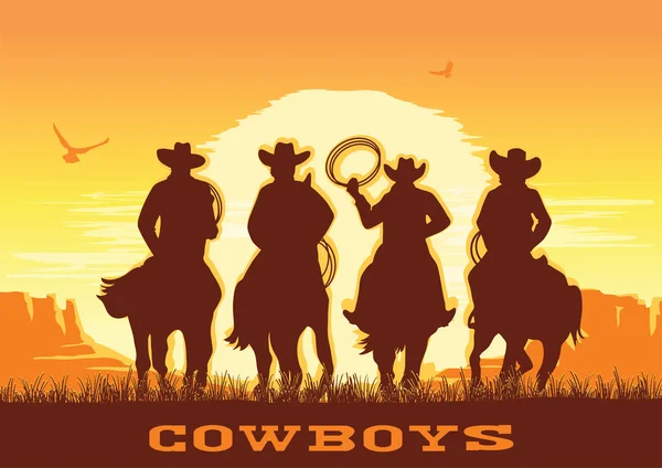 Cowboys silhueta equitação cavalos no pôr do sol paisagem. Vector para — Vetor de Stock