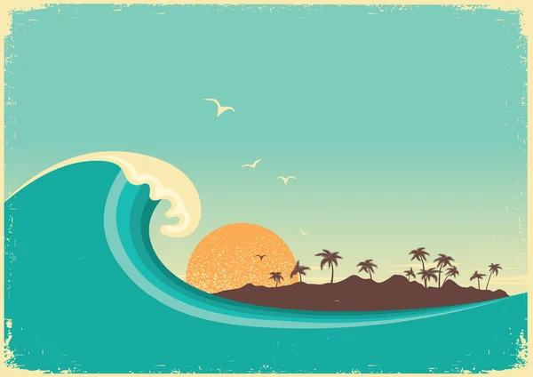 Gran ola oceánica e isla tropical.Fondo del cartel Vintage — Vector de stock