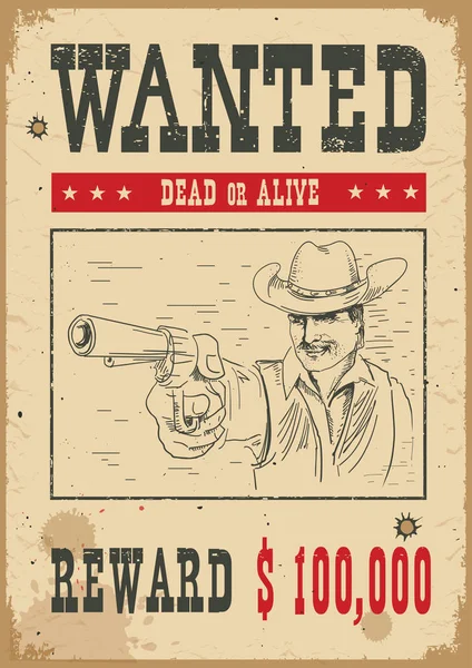 Wanted poster.Vector western illustration with bandit man and gu — Stock Vector