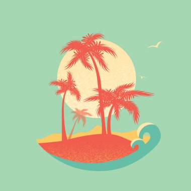 Avuç içi siluet ve güneş ile tropik ada cenneti