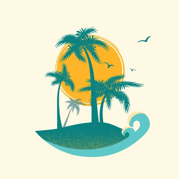 Paradis tropical insulaire avec silhouette palmiers et soleil.Vecteur sy — Image vectorielle