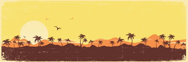 Ilha tropical paraíso vintage fundo com palmas silhueta —  Vetores de Stock