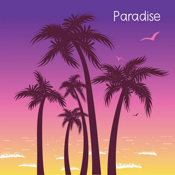 Tropical island paradise with palms silhouette in summer hot eve — Stock Vector