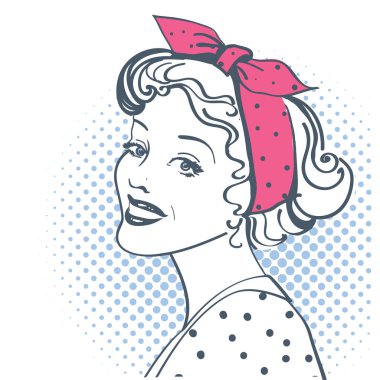 Genç retro kadın portresi. Vektör pop sanatı çizimi izole edildi