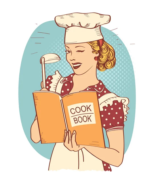 Young woman chef holding cook book in her hand on kitchen room.R — Stock Vector