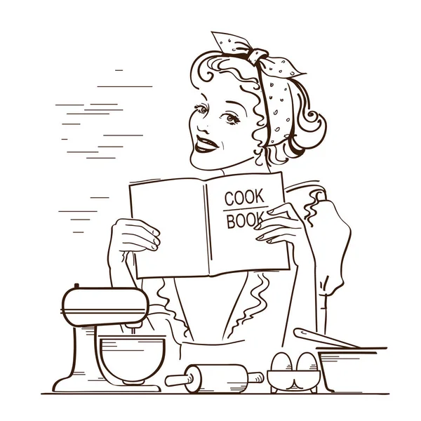 Mujer joven sosteniendo libro de cocina en sus manos en la cocina room.Reto — Vector de stock