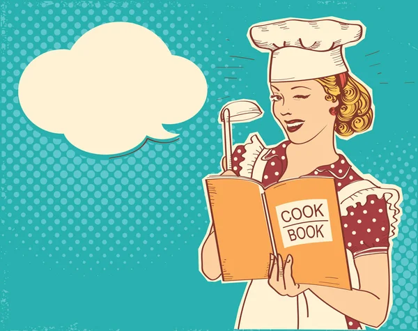 Mujer joven chef sosteniendo libro de cocina en su mano en la cocina room.R — Vector de stock