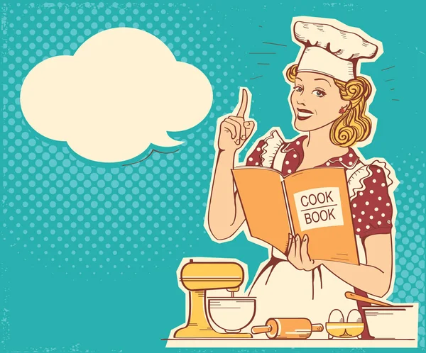 Eski moda kıyafetler giyen genç kadın aşçı yemek pişiriyor ve aşçıyı tutuyor. — Stok Vektör