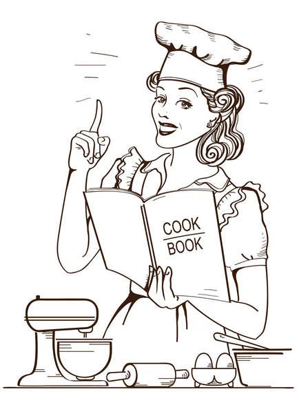 Young woman chef in retro style cooking and holding cook book in — Stock Vector