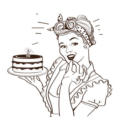 Retro smiling housewife holding big cake in her hands.Vector gra clipart