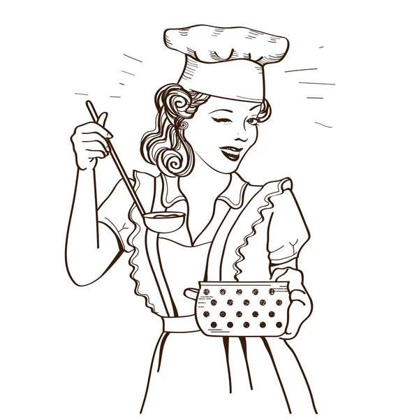 Молода жінка з ретро одягом готує суп на кухні. — стоковий вектор