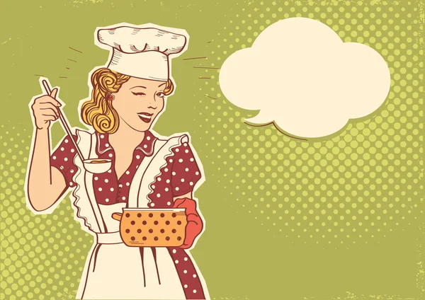 Mujer joven chef con ropa retro cocinando sopa. Color retro st — Archivo Imágenes Vectoriales