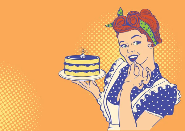 Retro glimlachende huisvrouw die grote cake in haar hand houdt. Vector pop — Stockvector