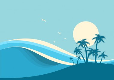 Büyük okyanus dalgaları ve tropik ada. Vektör mavi arka plan