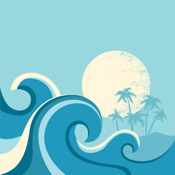 Cartaz de paisagem marinha da natureza com ondas do mar e sun.Vector illust azul —  Vetores de Stock