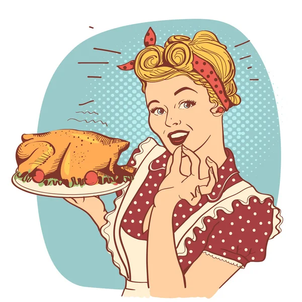 Retro smiling housewife cooks roasted turkey in the kitchen. — Stock Vector