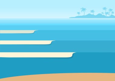 Okyanus dalgaları ve tropik ada. Vektör mavi arka plan deniz manzarası 