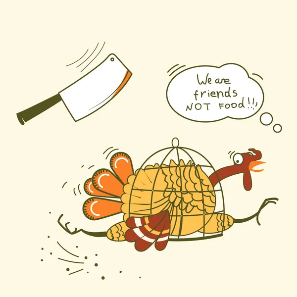 Va végétalien. Thanksgiving oiseau de dinde s'enfuit de la hache sur colo — Image vectorielle