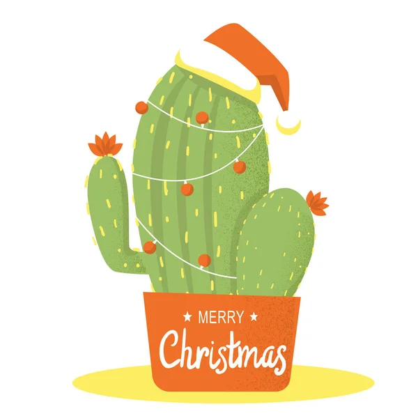 Feliz tarjeta de Navidad con cactus y texto navideño. Color del vector — Vector de stock