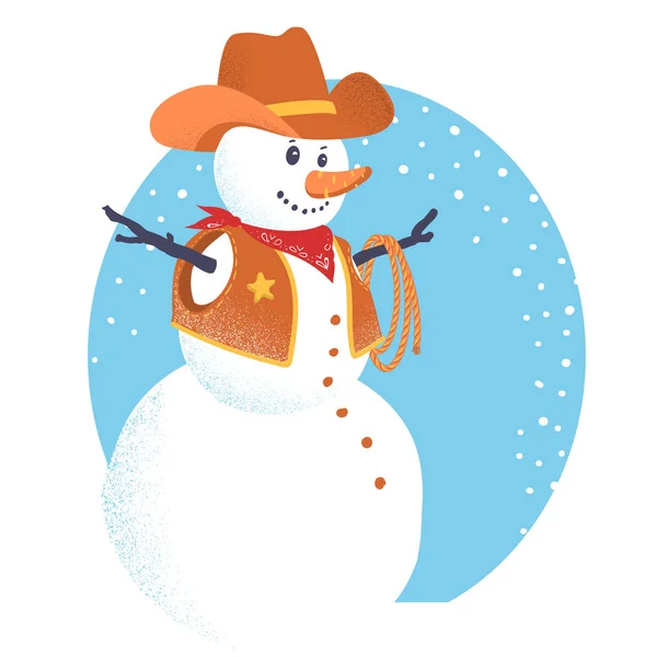 Hombre de nieve con ropa de vaquero occidental. Vector Feliz Navidad tarjeta i — Archivo Imágenes Vectoriales