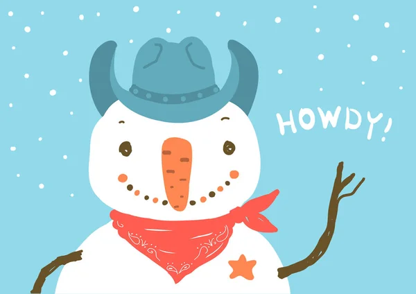 Сніговик у західному ковбойському капелюсі. Вектор Весела різдвяна листівка з — стоковий вектор