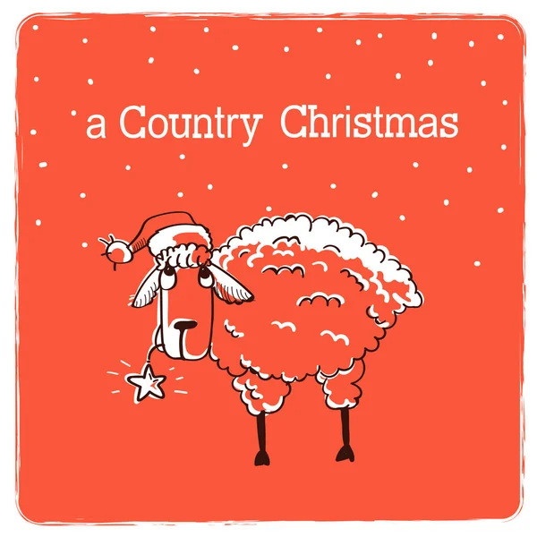 Merry Country Karácsonyi kártya tanyasi juhok Santa Hat. Vecto — Stock Vector