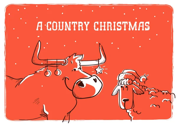 Merry Country Christmas card with bull and sheep in Santa hat an — Stock Vector