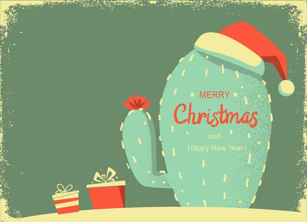 Tarjeta Vintage Feliz Navidad con cactus y texto navideño. Vecto. — Archivo Imágenes Vectoriales