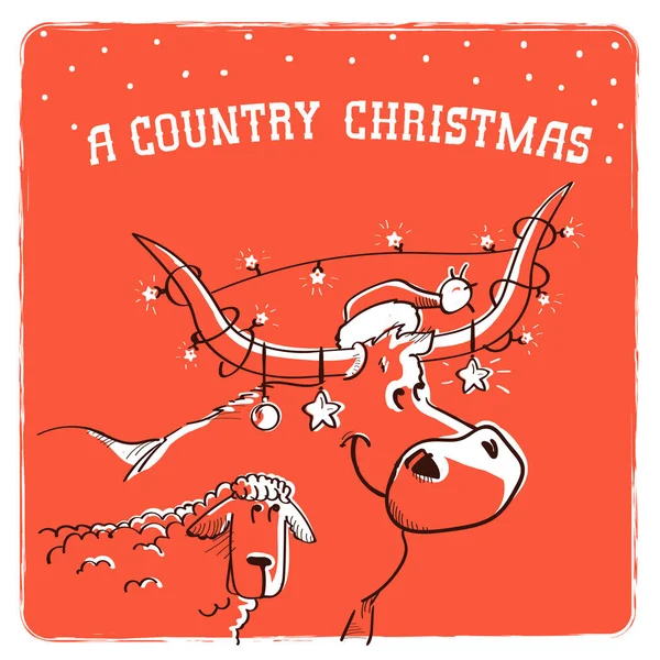 Merry Country Carte de Noël avec taureau en chapeau rouge Santa et shee — Image vectorielle