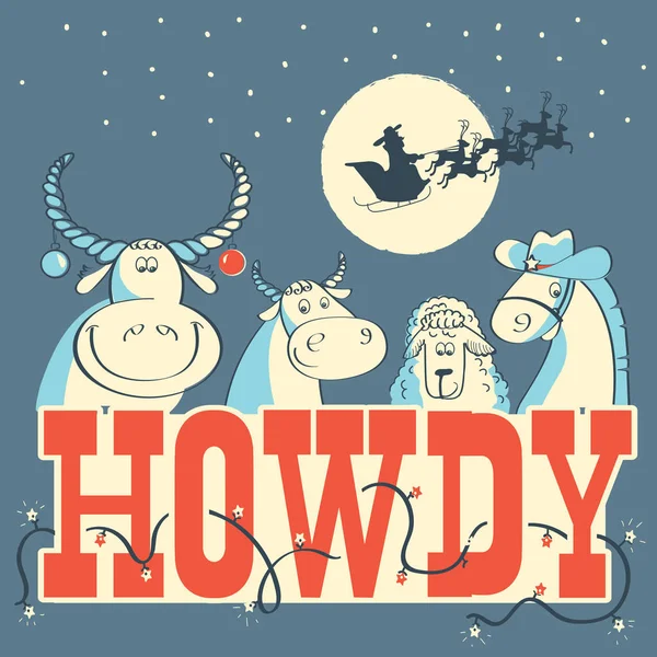 Howdy illustrazione biglietto di Natale con animali da fattoria in inverno ho — Vettoriale Stock