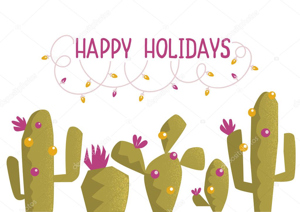 Cactus christmas card .Vector background illustration with text 
