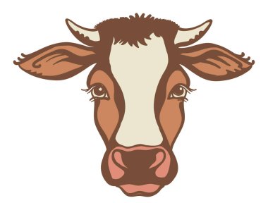 İnek kafalı çiftlik hayvanı. Beyaz üzerine izole edilmiş vektör rengi grafik çizimi. Kahverengi İnek yazdırılabilir dosyası