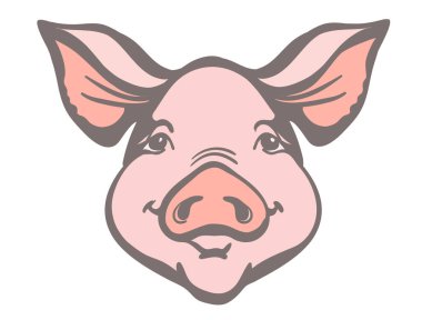 Domuz kafalı çiftlik hayvanı. Beyaz üzerinde izole edilmiş domuz suratının vektör rengi çizimi. Domuz portresi yazdırılabilir dosyası