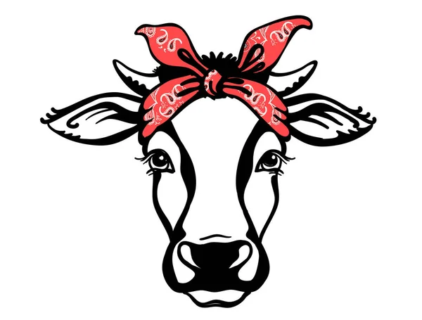 赤いバンダナで牛の頭 白に隔離されたベクトルブラックグラフィックイラスト 農場の動物だ 牛の肖像画印刷ファイル — ストックベクタ