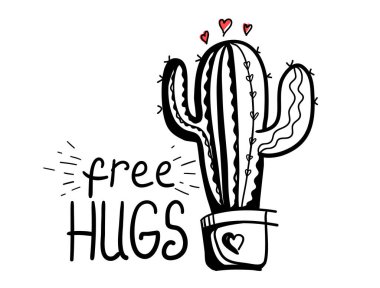 Bedava sarılma. Kaktüs Aşk silueti. Vektör el, tencereye basılabilir kaktüs çizdi. Kızıl Aşk kalp çizimi beyaza izole edildi.