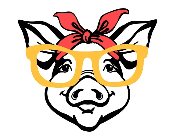 Pig Head Bandana Sunglasses Farm Animal Vector Black Graphic Illustration — Stock Vector