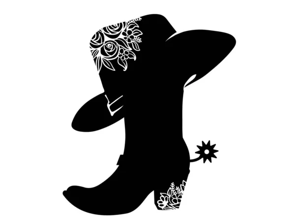 牛仔靴黑色轮廓文字或装饰 矢量牛仔女孩党打印插图孤立在白色 西方靴子和帽子 — 图库矢量图片