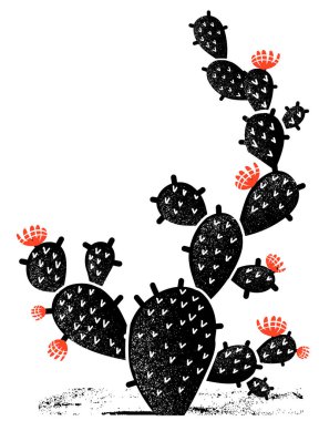 Kaktüs silueti. Eski kağıt desenli resimli kırmızı çiçekli klasik siyah kaktüs.