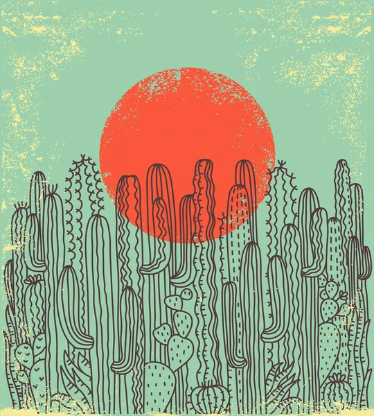 Cactos Fundo Cartaz Vintage Suculentas Vetor Sol Vermelho Ilustração Desenhada — Vetor de Stock