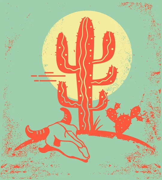 Desert landscape with Cactuses and cow skull. Vintage poster of Arizona desert with yellow sun and cactuses silhouette and cow skull on old paper texture. — Stock Illustration Desert Landscape Cactuses Cow Skull Vintage Poster Arizona Desert Yellow Royalty Free Stock Vectors