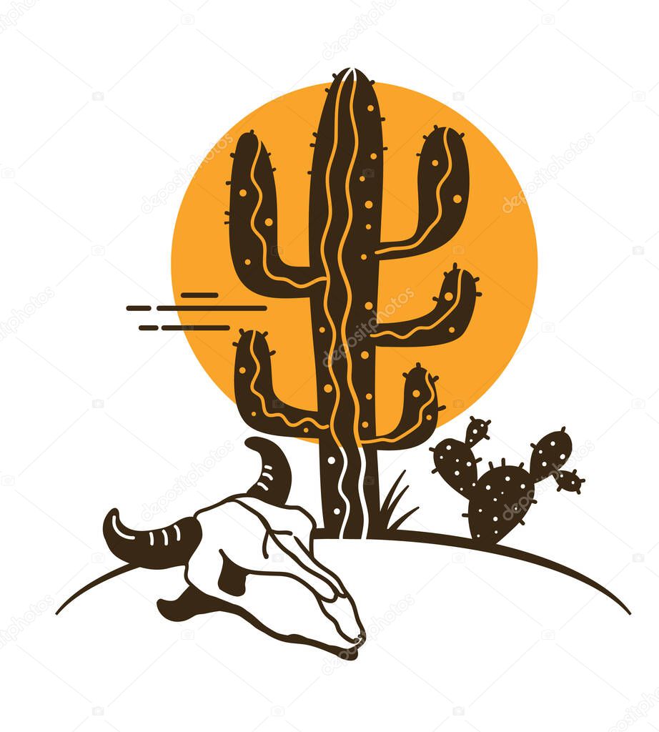 Desert landscape with Cactuses and cow skull. Arizona desert with yellow sun and black cactuses silhouette and cow skull isolated on white. 