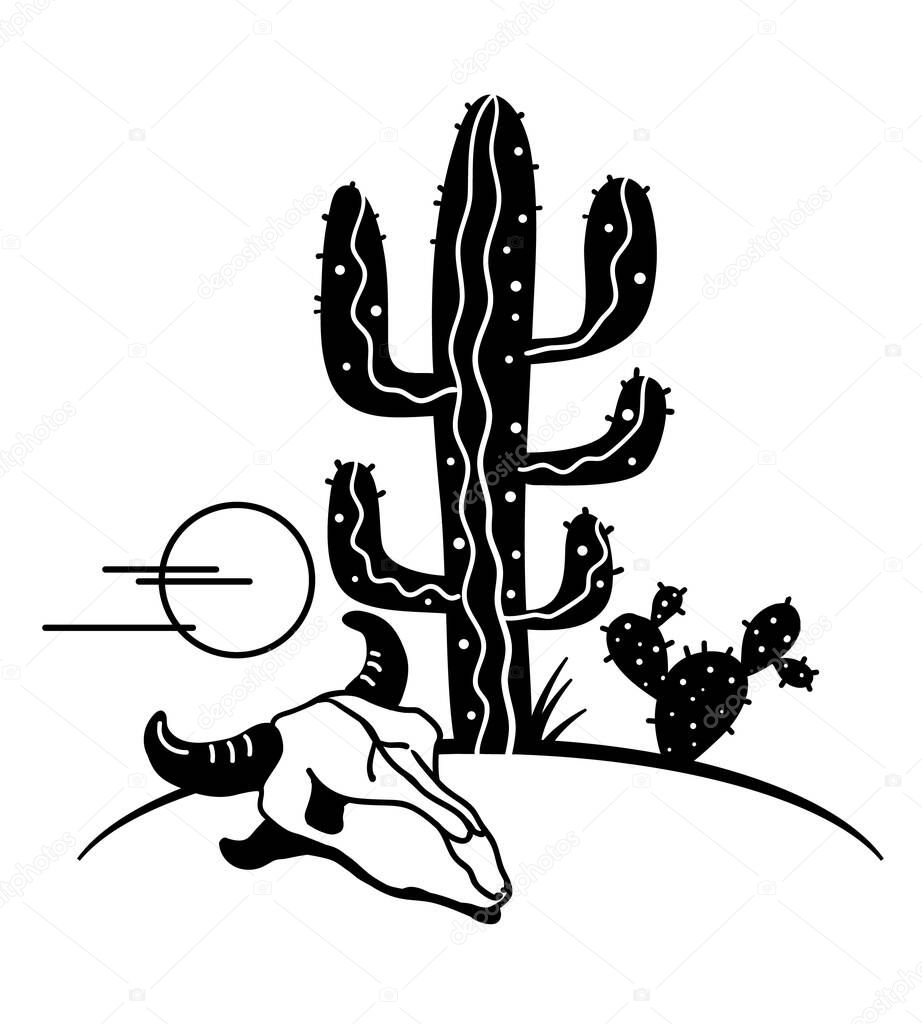 Desert landscape with Cactuses and cow skull. Arizona desert cactuses black silhouette and cow skull isolated on white. 