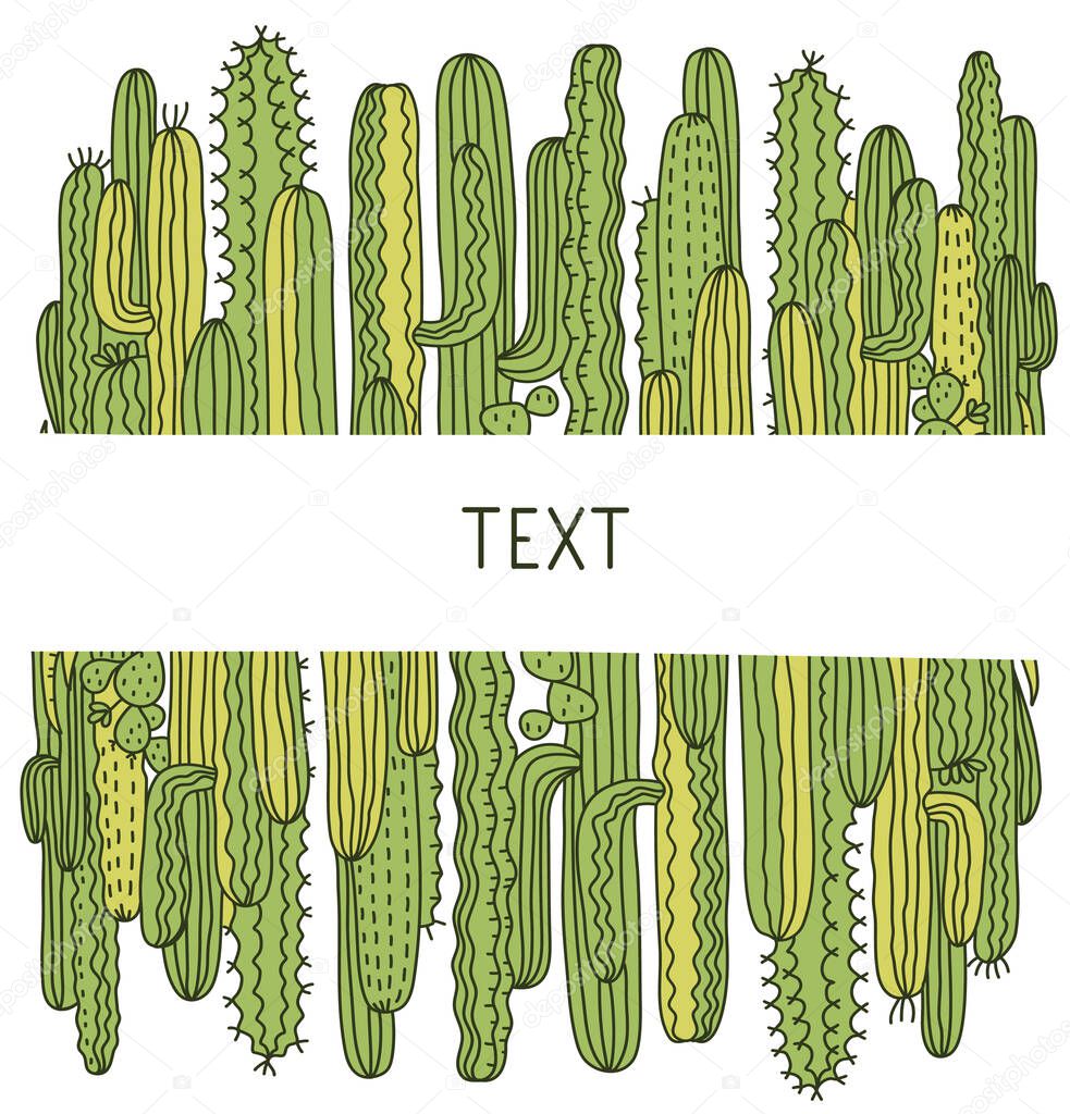Cactuses background. Green Succulent vector hand drawn illustration for design isolated on white.