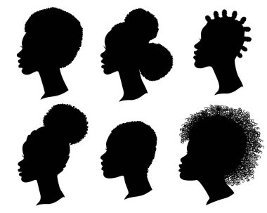 Afro-Amerikalı kadınlar siyah siluet profili çiziyor. Beyaz üzerine izole edilmiş vektör başlıkları kümesi