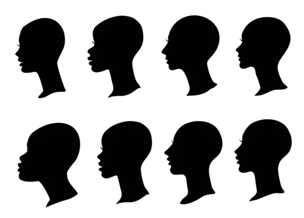 Silhouette Femme Profil Noir Avec Tête Chauve Ensemble Visages Vectoriels — Image vectorielle